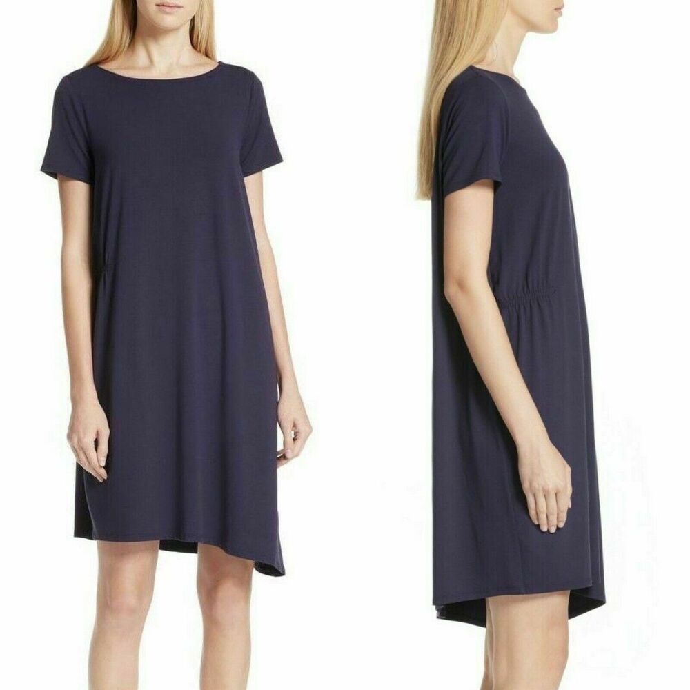 Eileen Fisher Ballet Neck Asymmetric Jersey Dress Purple Ruched Side
